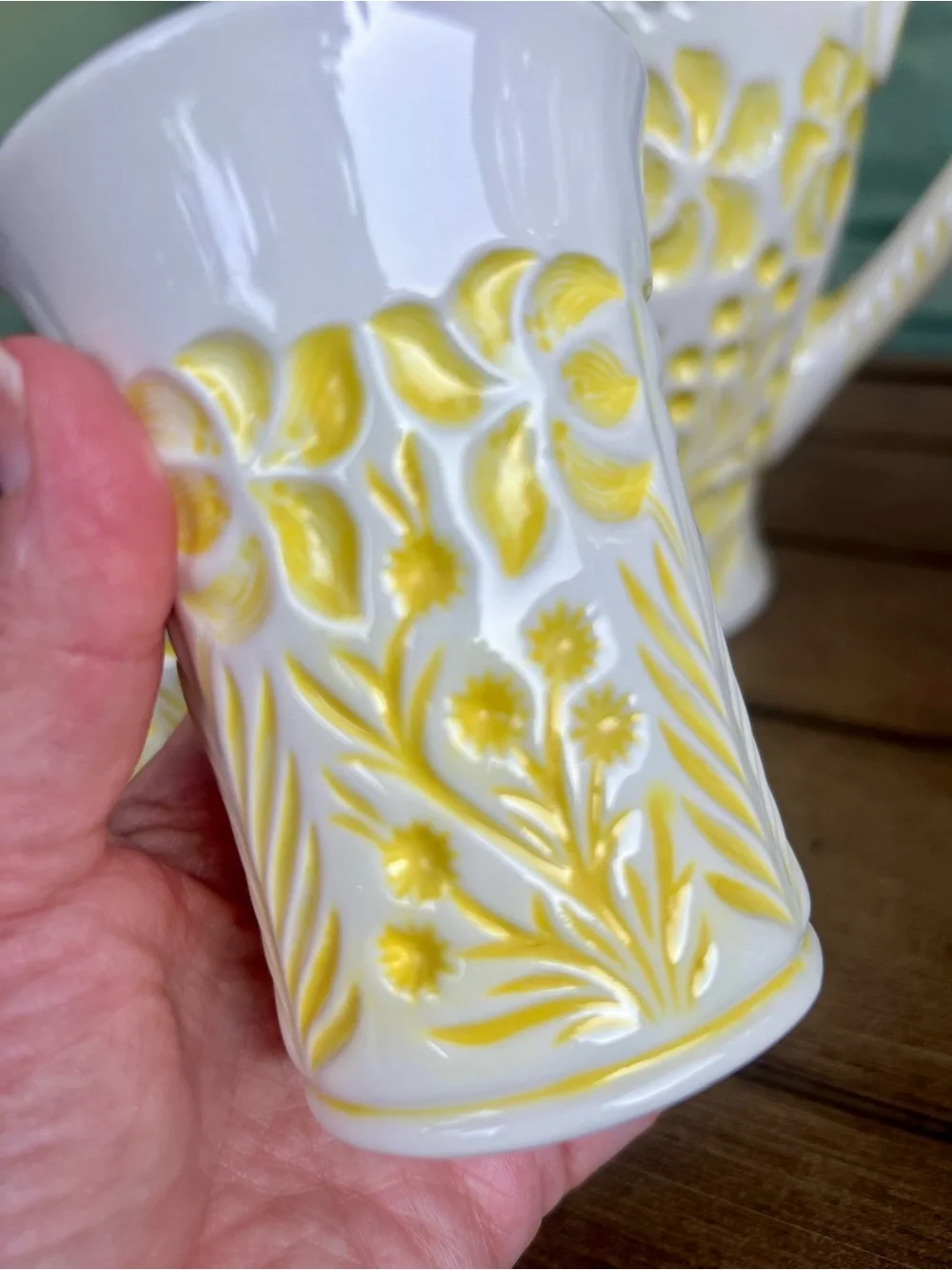 Vintage 1970s Yellow Floral Pitcher with 2 Cups | Cottagecore Decor